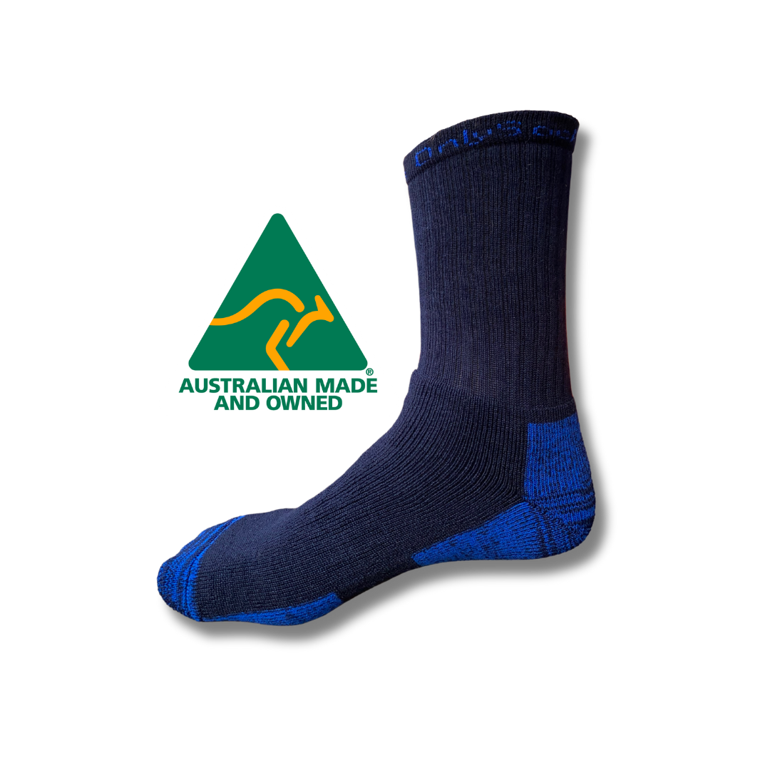 Black with Blue accents, Australian Made Bamboo Work Sock