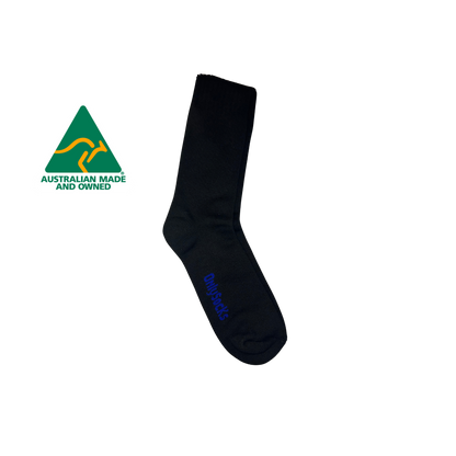 Side profile of work sock featuring australian made logo, and only socks branding