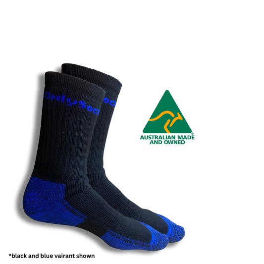 picture shows a pair of Australian Made Bamboo Work Sock in Black and Blue by the company only socks  