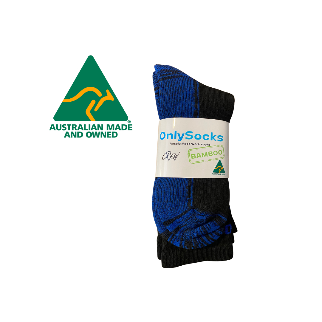 Australian made bamboo work socks in packaging proudly displaying Australian made logo